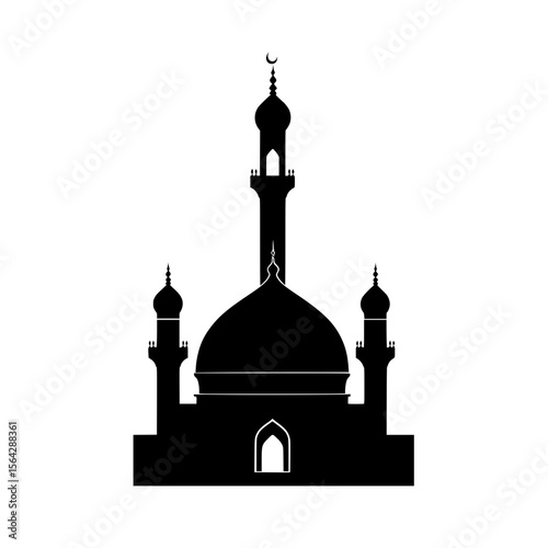 Islamic mosque silhouette with central dome and two minarets representing religious architecture or places of worship.