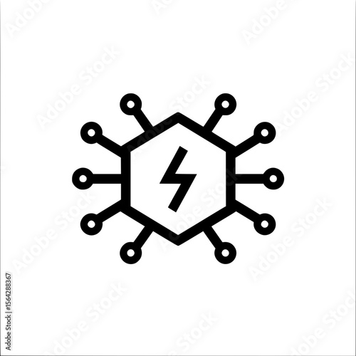Black icon of a hexagonal electric circuit with central lightning bolt representing power, energy, and digital technology.