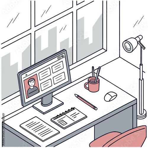 Modern isometric illustration of a clean desk setup with a computer displaying a profile page notebook pen mouse and a desk lamp near a large window with city skyline view