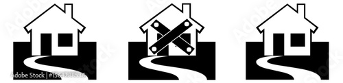 Three house icons showing open, boarded up, and restored states