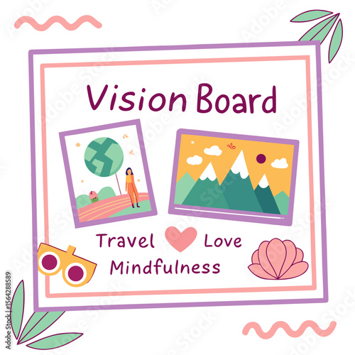 Vision board with images of travel and mountains accompanied by text travel love mindfulness and decorative elements symbolizing personal growth and aspirations