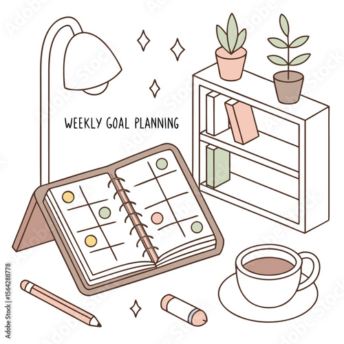Cozy desk setup with a planner open to a weekly goal tracking grid and a cup of coffee for productive planning sessions