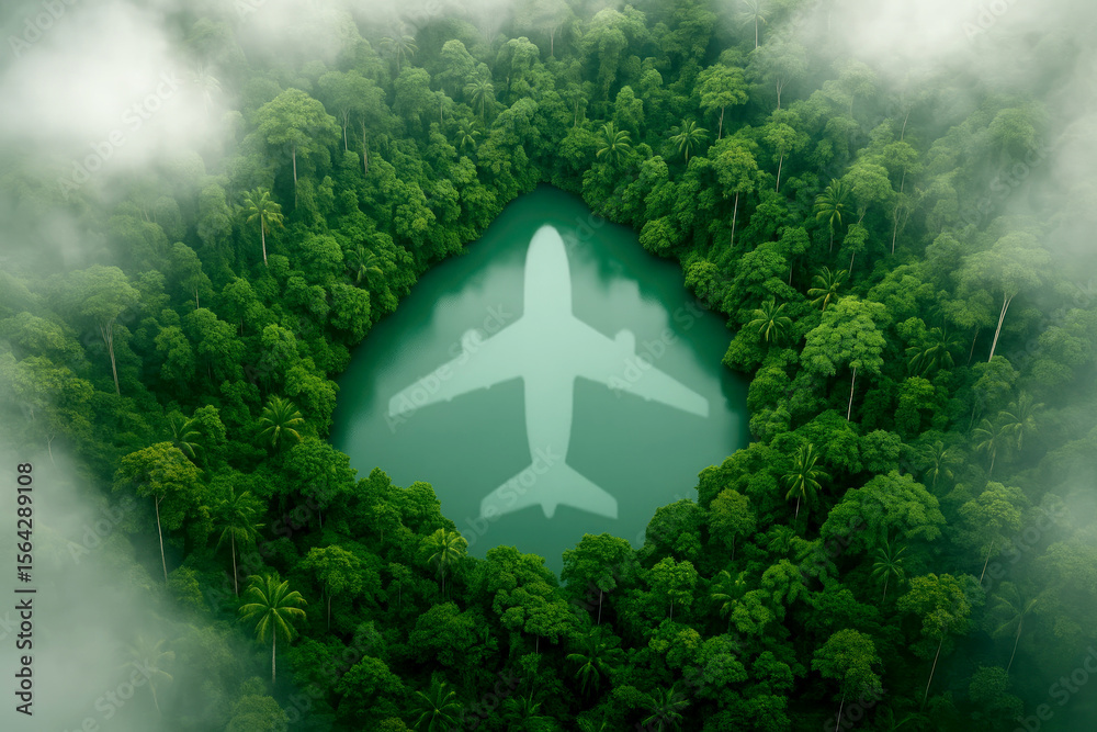 Naklejka premium Airplane reflection in lush jungle lake forest