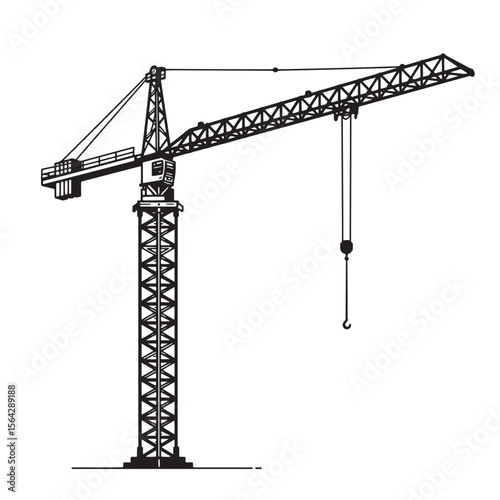 A black and white illustration of a construction crane isolated against a clean white background displaying engineering elements.
