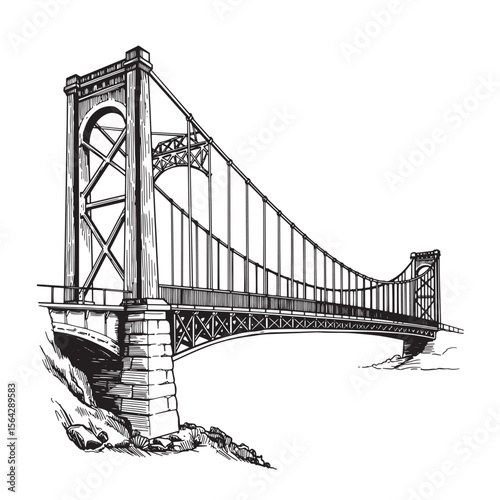 Artistic black and white illustration of a detailed suspension bridge architecture crossing over a rocky terrain