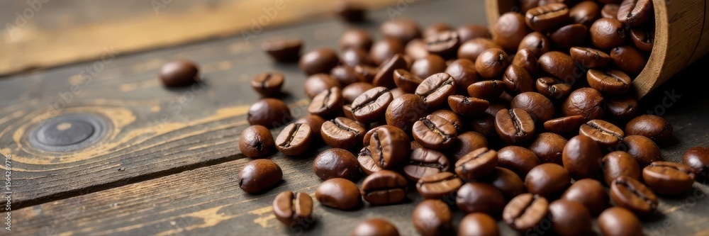 Fototapeta premium Rich brown coffee beans spilled on weathered wood surface , natural, dark, texture