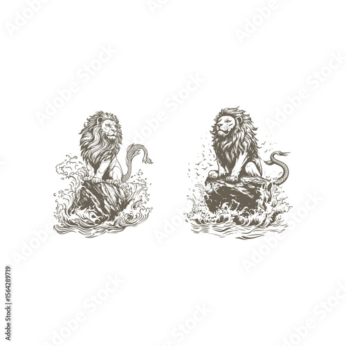 mighty lion sits on a rock wave design vector template illustration