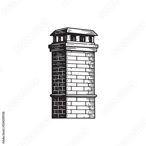 Artistic illustration of a brick chimney rendered in a minimalist linocut style against a pure white background.