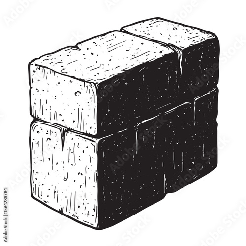 Black and white artistic illustration of stacking bricks depicting construction material and building design