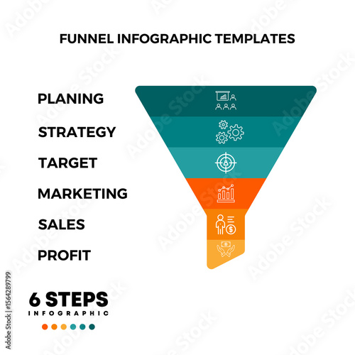 Infographic Sales funnel diagram template for business. 6 steps level, digital marketing data, presentation vector infographics.