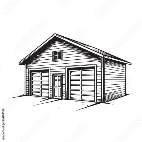 Black and white vector illustration of a two car garage building with detailed architectural lines
