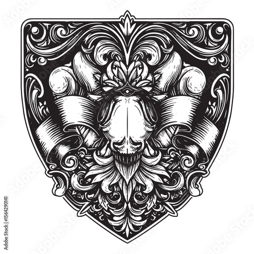 Detailed black and white gothic emblem design featuring a skull ribbons floral ornamental scrollwork shield shape.