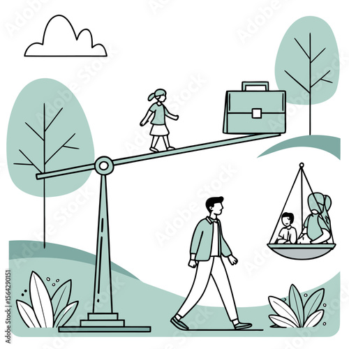 Illustrating the delicate balance between work life and family life with a child and briefcase on a scale and a family in a basket below