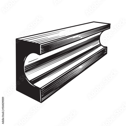 Detailed black and white architectural illustration of a structural beam with a half circle cut out design and a shadow.