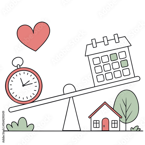 Balancing work life and personal life with a clock and calendar on a seesaw next to a house and heart symbol