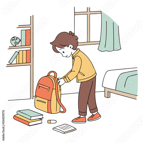 A young boy in a yellow jacket and brown pants is packing his orange and yellow backpack in his bedroom with books on the floor and a shelf