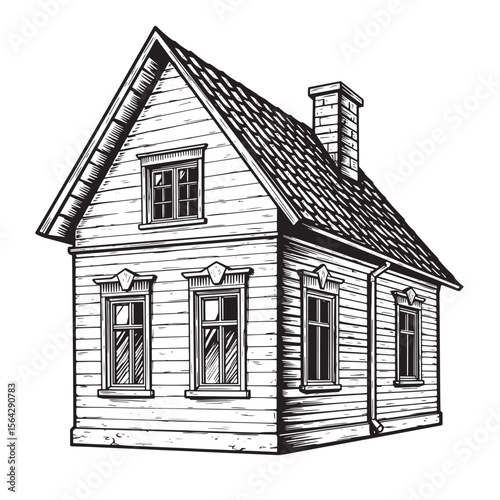 Detailed hand drawn illustration of a charming rustic cottage with wooden siding and chimney in grayscale
