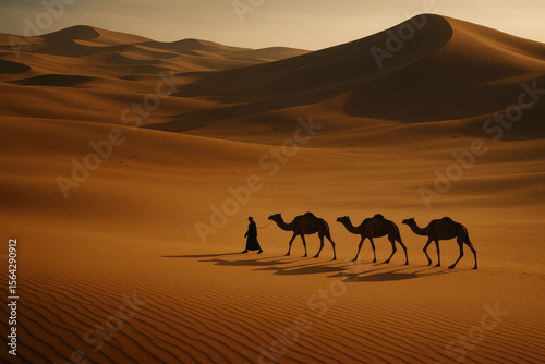 Desert caravan journey with camels and traveler sand dunes