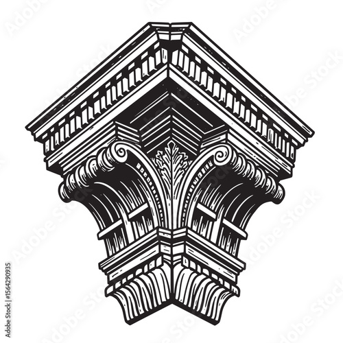 Detailed monochrome illustration of an architectural element from a classical corinthian column capital design