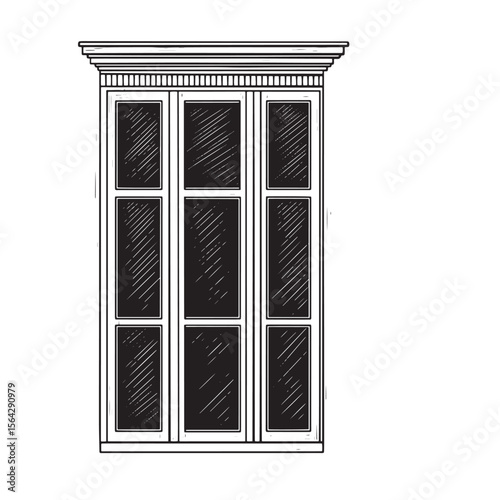 Elegant architectural illustration of a vintage window in black and white detailed hand drawn style