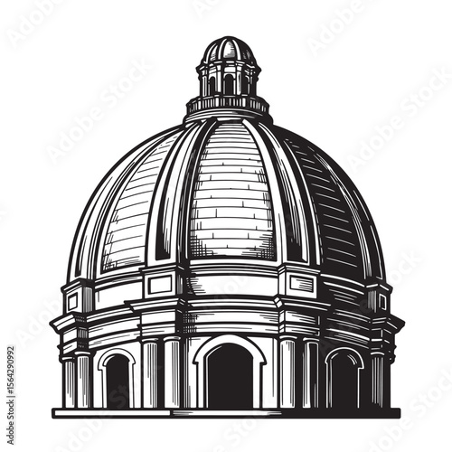 Elegant black and white architectural illustration of a detailed dome featuring classic architectural elements