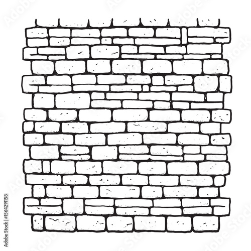 Hand drawn black and white illustration of a rustic brick wall textured background isolated on white