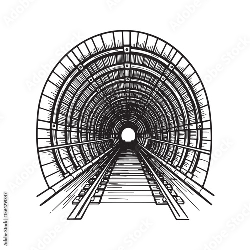 Hand drawn illustration of a railway tunnel perspective showing tracks leading to the light at the end of tunnel