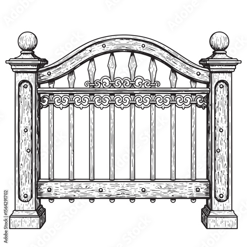 Intricate hand drawn illustration of an ornamental vintage wooden bed headboard decorative element