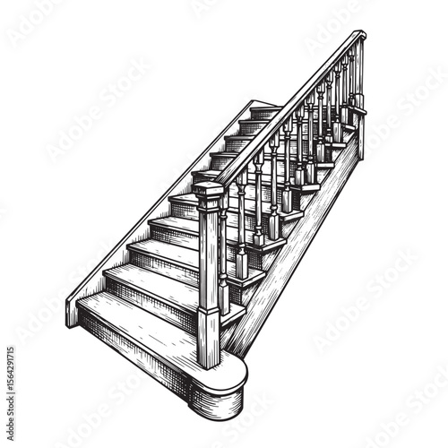 Intricate hand drawn illustration of staircase with detailed woodwork and handrail in a classic architectural style