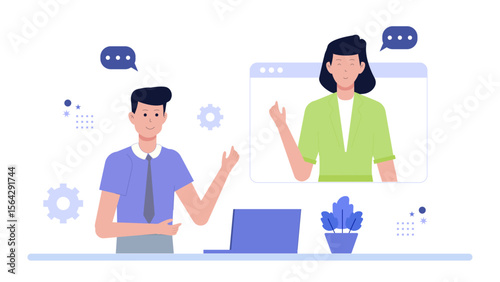 Two people video conferencing online, suitable for remote work, virtual meetings, webinars, online classes, and communication technology concepts.