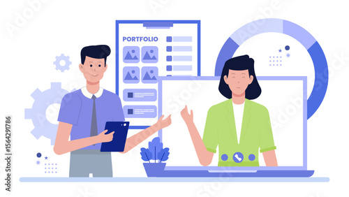 Virtual portfolio presentation via video call suitable for online meetings, remote presentations, digital marketing, technology concepts, and virtual communication.