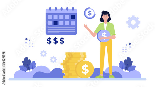 Woman holding money near a calendar and coins, financial planning concept suitable for budgeting, saving, payday, expenses, and financial goals.