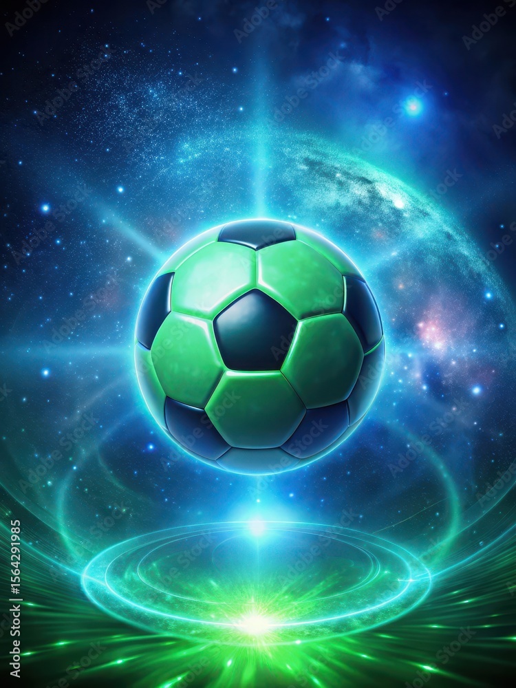Fototapeta premium Cosmic energy field radiating from a glowing green soccer ball set against a deep indigo background with stars and planets visible through the shimmering aura