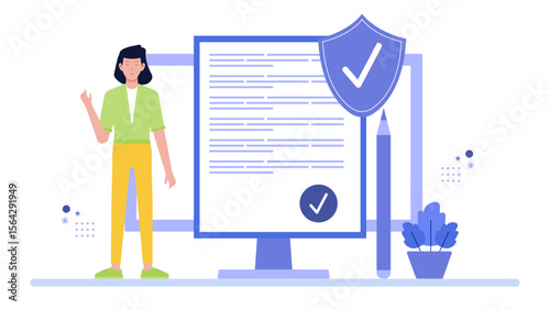 Woman checking a secure document displayed on a computer monitor. Suitable for cybersecurity, data privacy, online security concepts. Graphic design projects.