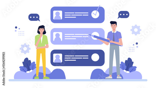 Two people reviewing profile information online. Suitable for websites, social media, digital marketing, technology, online communication, avatar selection.