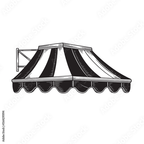 Vector illustration of a black and white striped shop awning in a vintage engraving style design