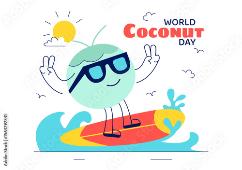 World Coconut Day Vector Illustration on September 2nd featuring Coconut Trees, Flowers, Tropical Leaves, and a Beach in a Flat Style Background