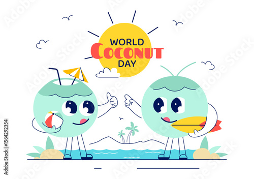 World Coconut Day Vector Illustration on September 2nd featuring Coconut Trees, Flowers, Tropical Leaves, and a Beach in a Flat Style Background