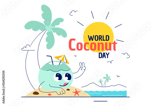 World Coconut Day Vector Illustration on September 2nd featuring Coconut Trees, Flowers, Tropical Leaves, and a Beach in a Flat Style Background