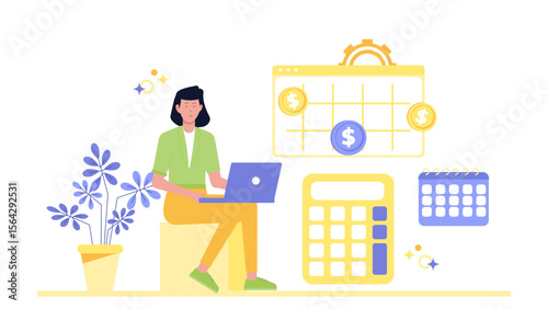 Woman multitasking with a laptop, calendar, and calculator. Perfect for business, finance, scheduling, organization, technology, and remote work concepts.