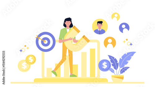 Woman using large magnet to attract customers, boosting profits. Ideal for marketing, business, success concepts in advertising, presentations.