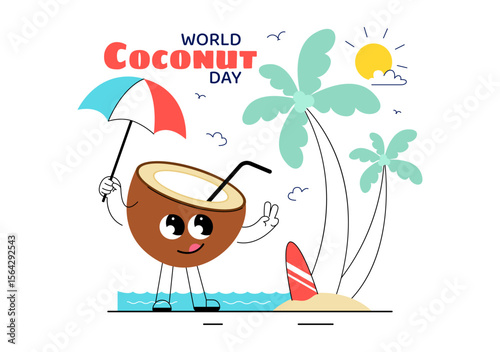 World Coconut Day Vector Illustration on September 2nd featuring Coconut Trees, Flowers, Tropical Leaves, and a Beach in a Flat Style Background