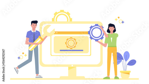 People diligently working on repairing computer systems gears, ideal for illustrating teamwork, IT support, problem-solving, and technology maintenance concepts.