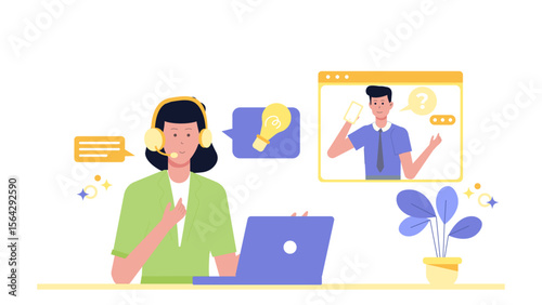 Virtual customer service agent assisting client online, suitable for technology, customer service, online support, and communication related concepts.
