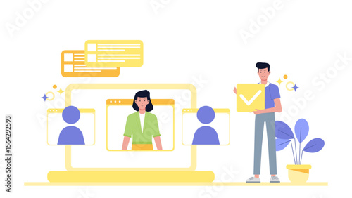 Online team approval via video conference. Suitable for digital communication, remote work, team collaboration, virtual meetings, and webinar concepts.