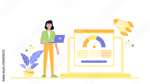 Woman analyzing website data for optimization. Ideal for marketing materials, business presentations, web design blogs, and digital analytics concepts.