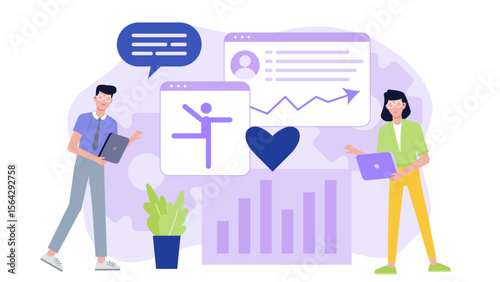 Two colleagues analyzing data graphs and fitness app progress. Suitable for business presentations, health blogs, and technology articles.