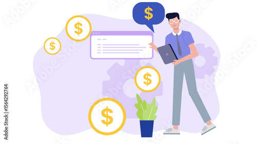 Businessman presents financial data near dollar signs, suitable for business presentations, financial reports, websites, and articles on finance or economics.