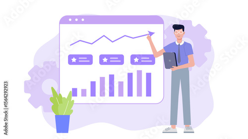 Businessman presents business growth data. Suitable for presentations, reports, articles on financial success, business strategy, data analysis, and leadership.