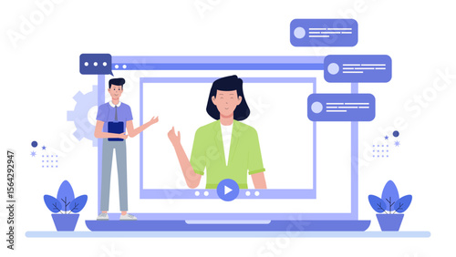 Illustration shows online meeting with two people on laptop. Suitable for business websites, marketing materials, and remote work resources.